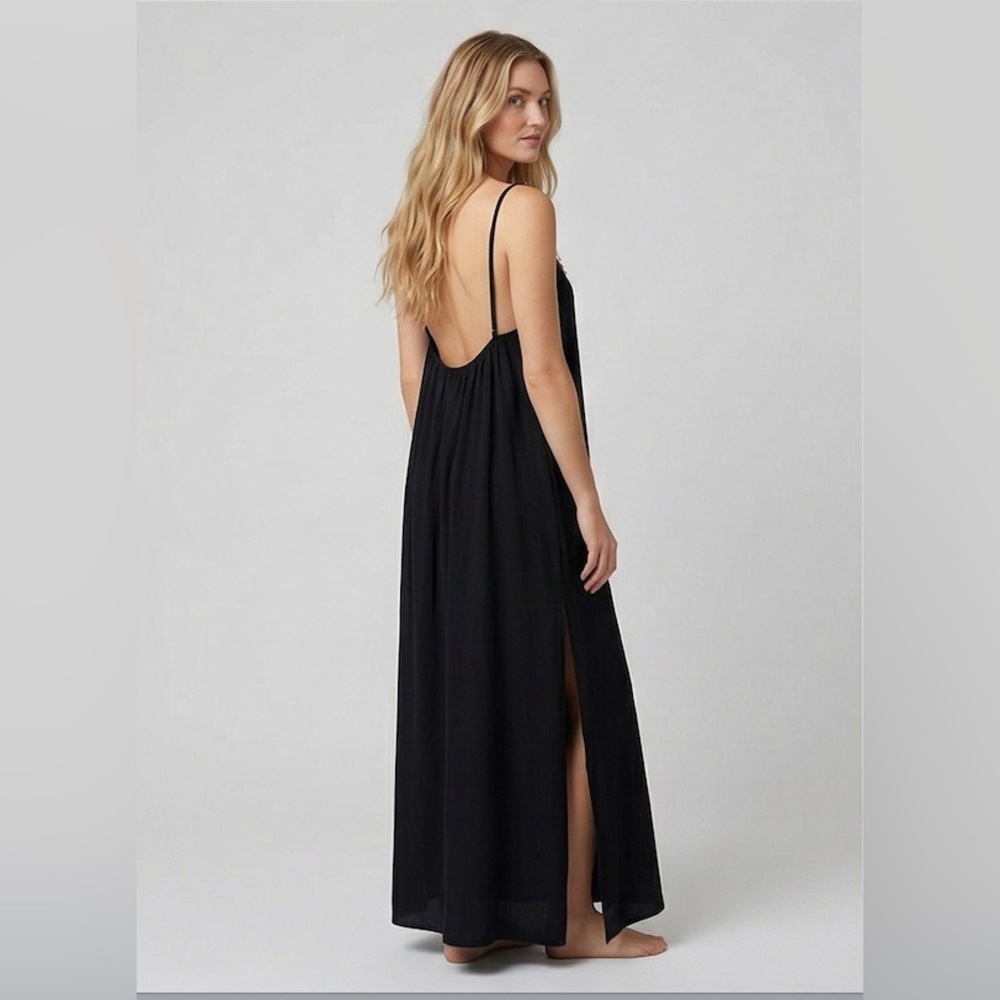 LAST ONE ๐ฅ Boho Shell-Trimmed Maxi Slip Dress in Raven Black - Picture 3 of 9